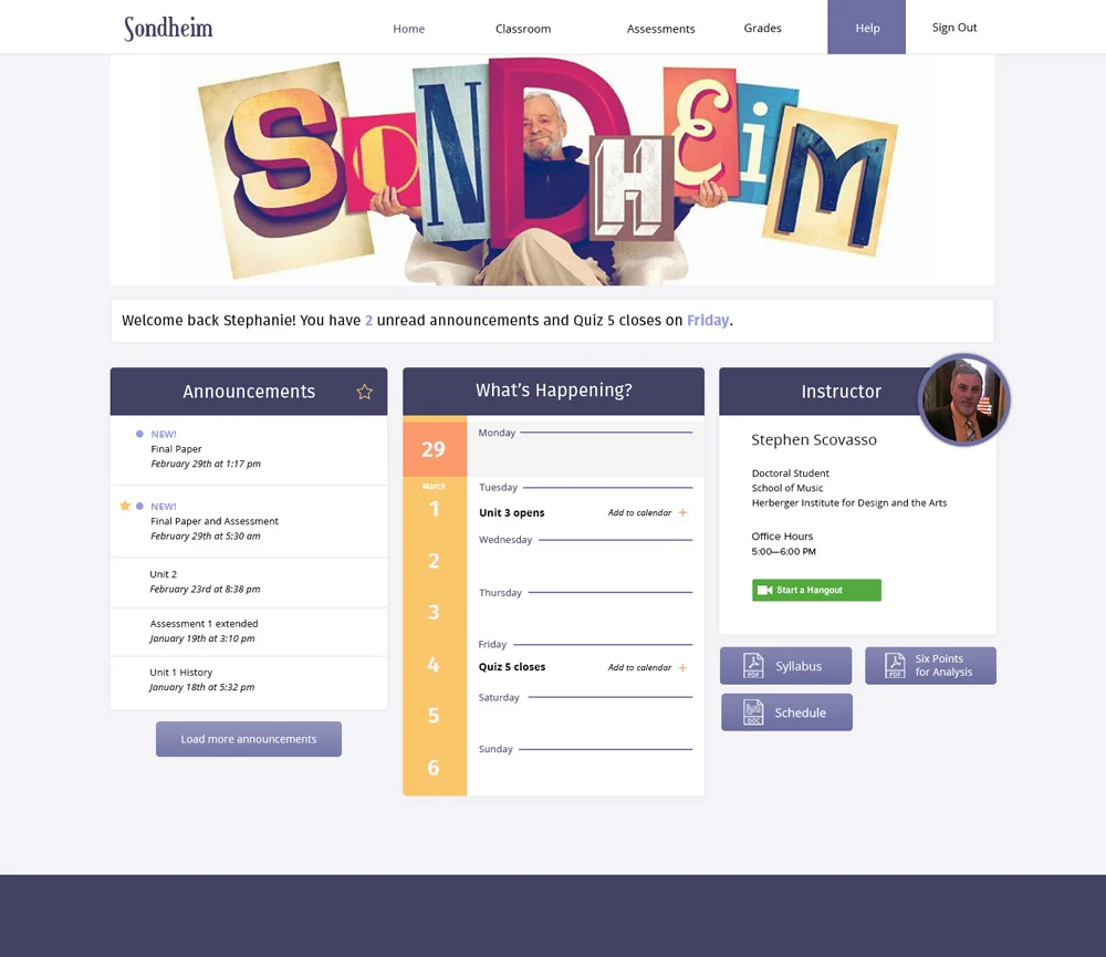 Wireframe of a course dashboard concept explored during interface design